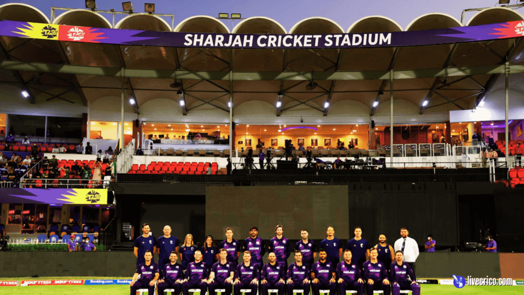 Scotland's players pose for a team picture before the ICC Men's T20 World Cup match against Pakistan at Sharjah Cricket Stadium.